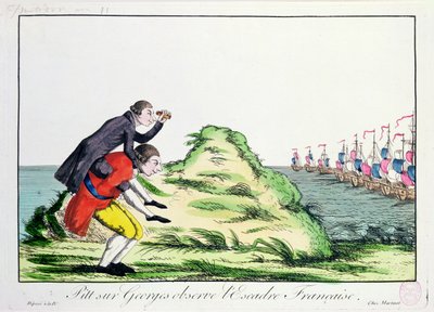 William Pitt the Younger riding on the back of George III Observing the French Squadron, 1803 by French School